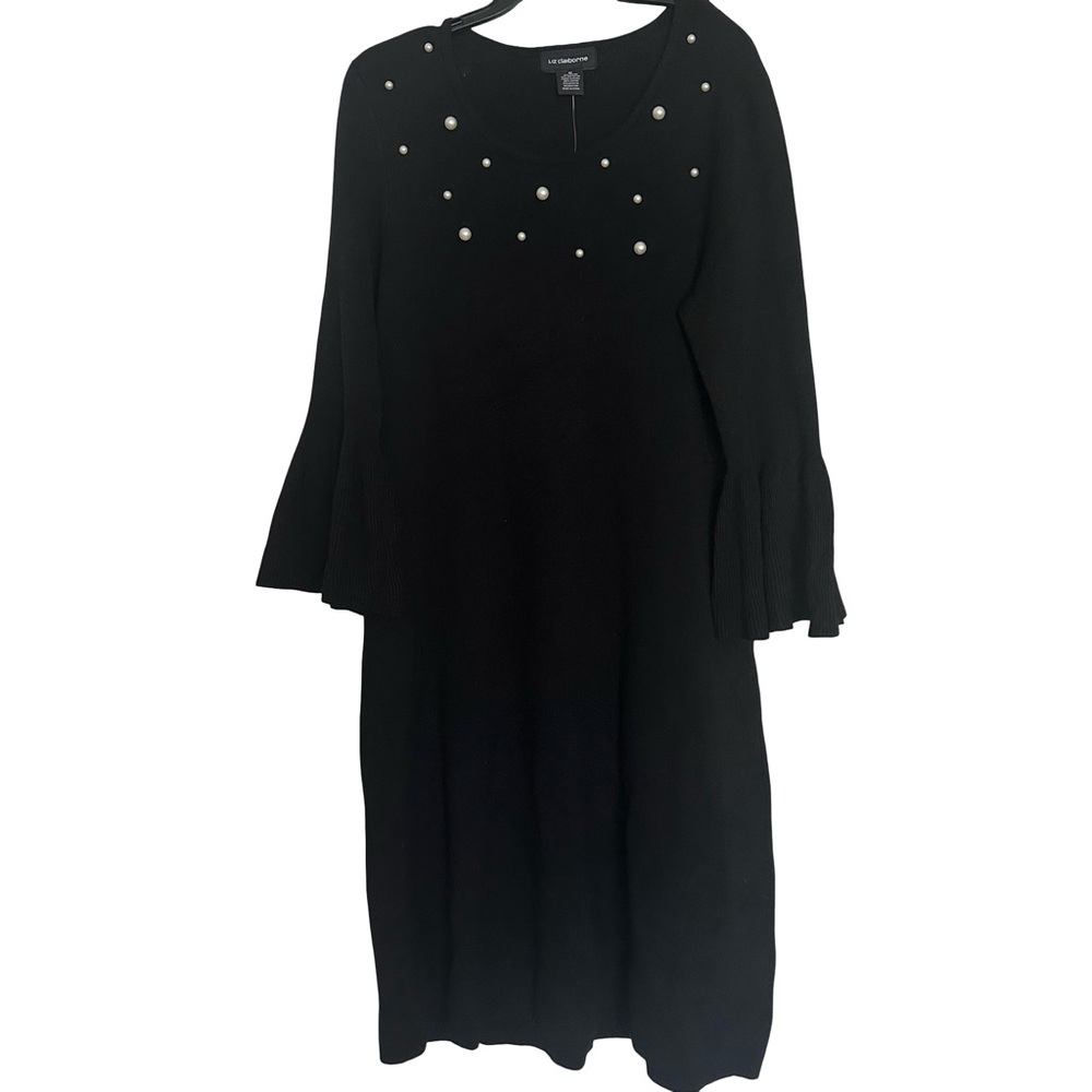 NWT Liz Claiborne Black Pullover Design Soft Jersey Dress Ivory Pearl Accents